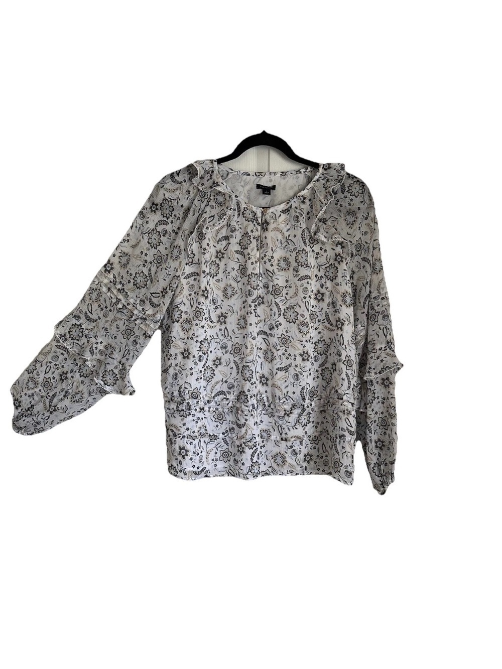 Ann Taylor Womens S Puff Sleeve Semi Sheer Ruffle Floral Top Boho Cottagecore